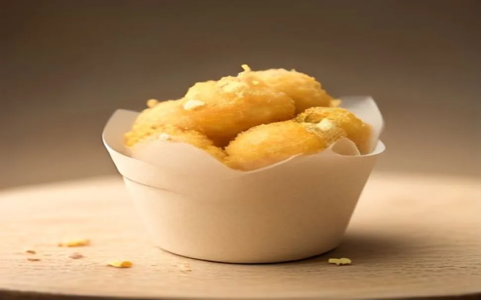 Coin-shaped potato tots filled with cheese and bacon in an open card carton — an illustration of Mr. Krabs' Cheesy Bacon Tots