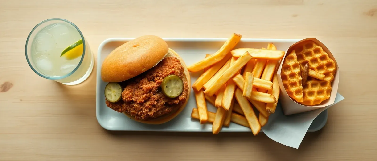 A spread of fast-food burgers and sides illustrating the Burger King versus Chick-fil-A comparison on price and calories