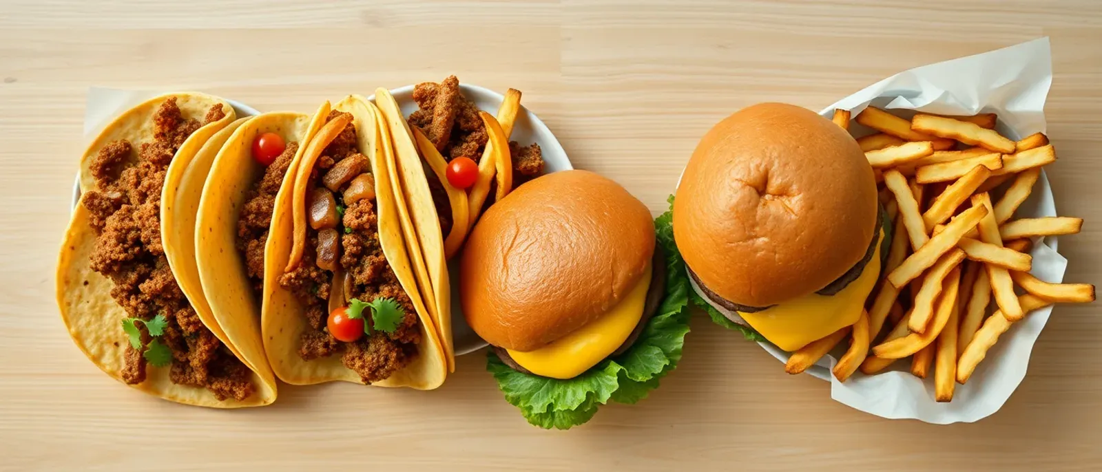 A spread of fast-food burgers and sides illustrating the Burger King versus Del Taco comparison on price and calories