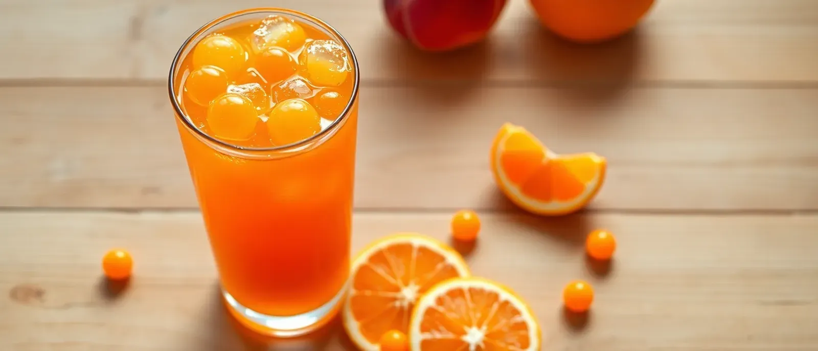 A tall glass of bright orange mango-peach lemonade filled with round orange popping boba pearls, with ice and condensation