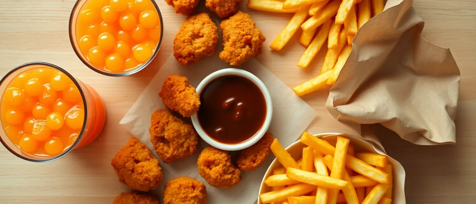 A vibrant spread of crispy chicken nuggets with a teriyaki dipping sauce, a bright orange mango-peach lemonade with boba, and golden fries