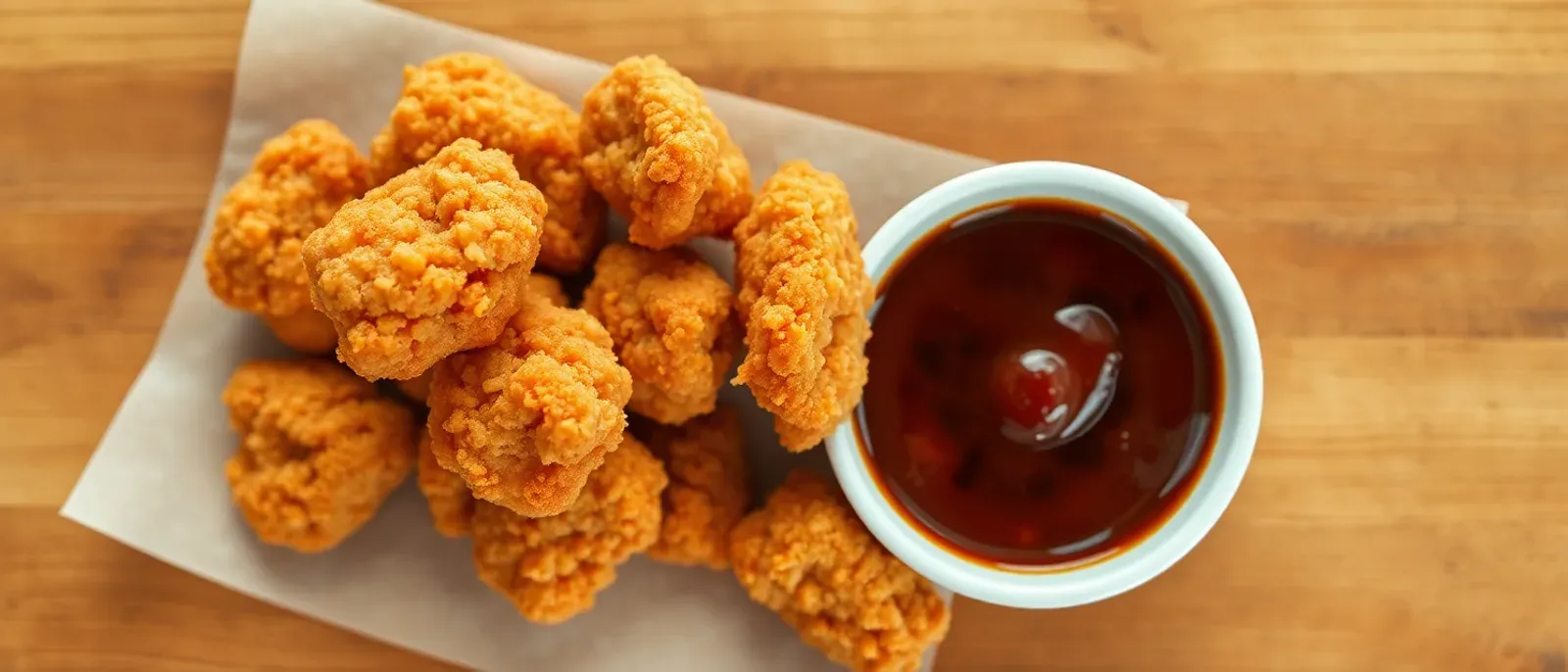 Crispy golden chicken nuggets piled beside a small dish of glossy dark teriyaki-style dipping sauce