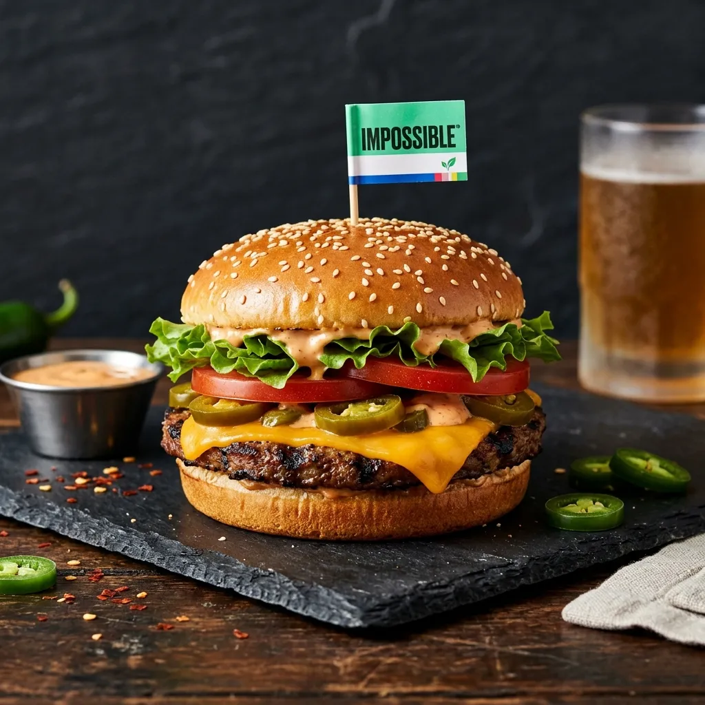 Burger King Impossible Loaded Jalapeno Whopper, flame-grilled burger