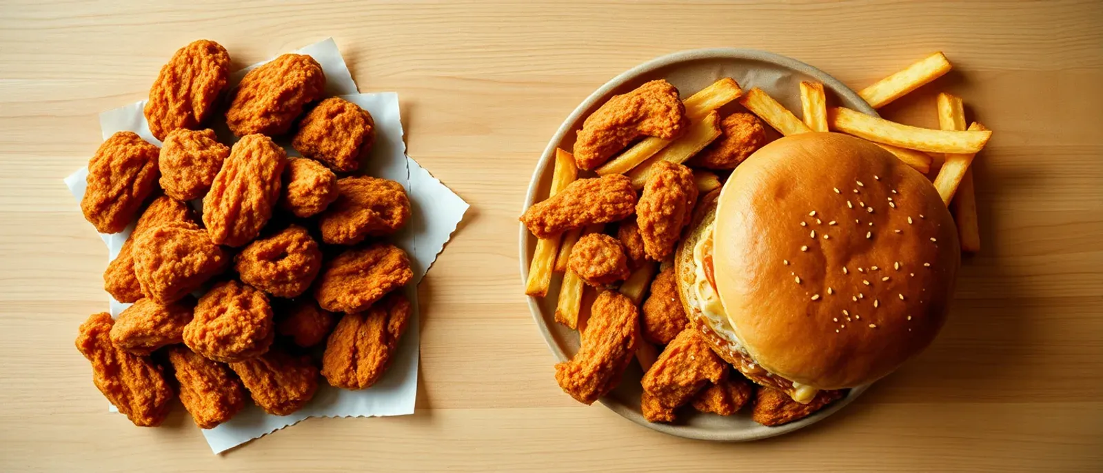 A spread of fast-food burgers and sides illustrating the Burger King versus KFC comparison on price and calories