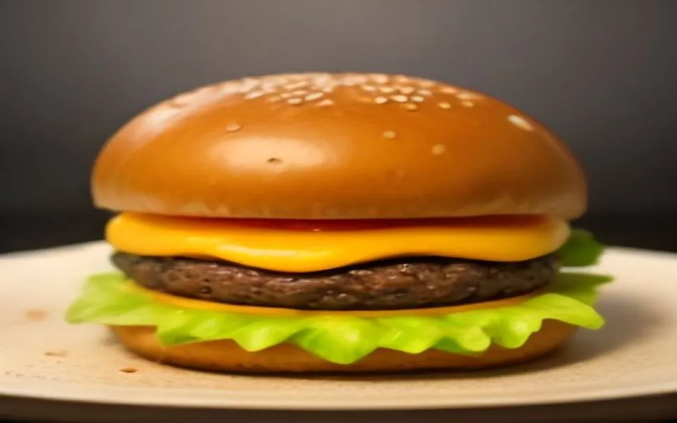 A flame-grilled quarter-pound beef burger on a bright yellow square bun with cheese, lettuce, tomato, pickles and onion — an illustration of the Krabby Whopper