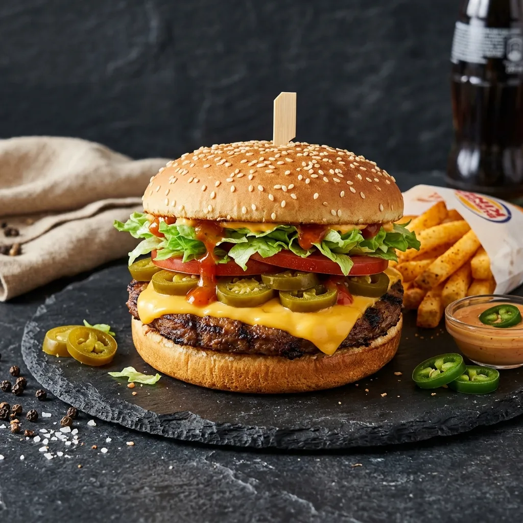 Burger King Loaded Jalapeno Whopper Jr., flame-grilled burger
