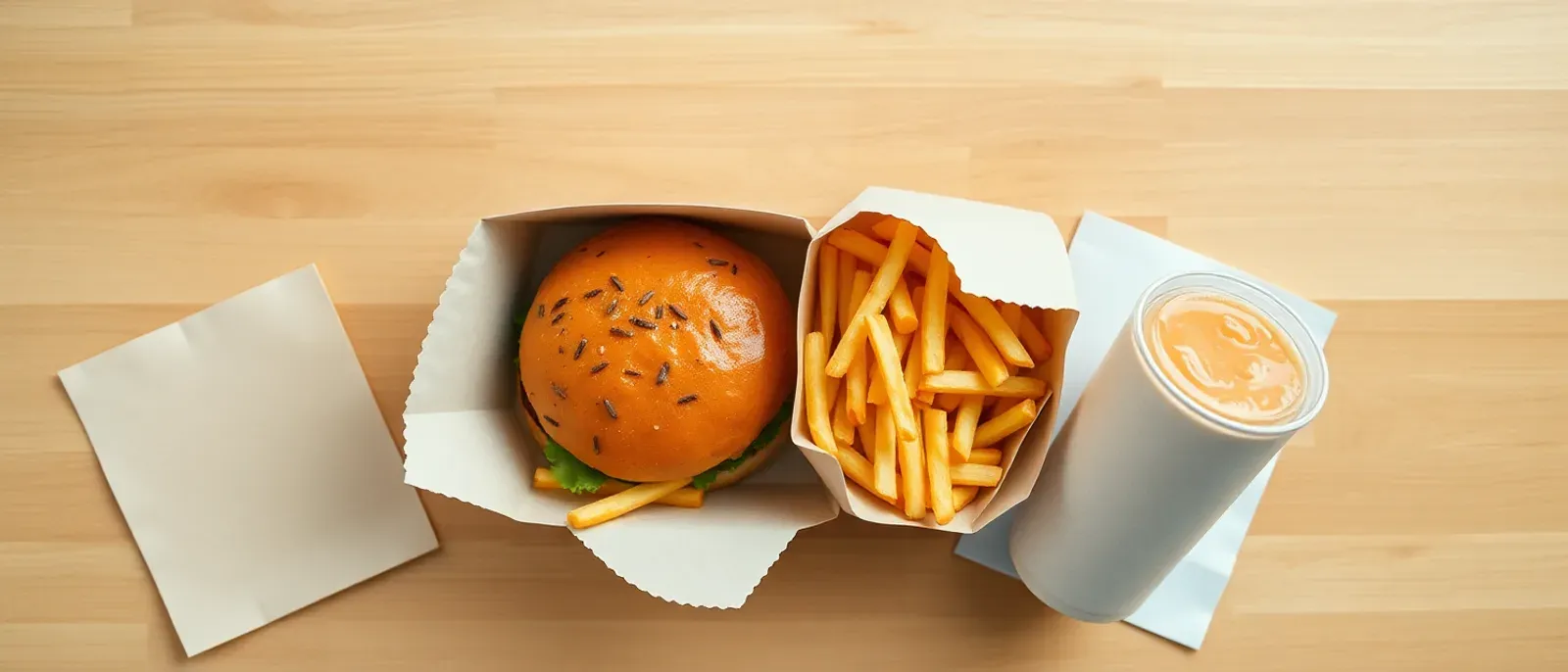 A Burger King takeaway meal of a flame-grilled burger, golden fries and a soft drink in plain paper packaging, ready to go