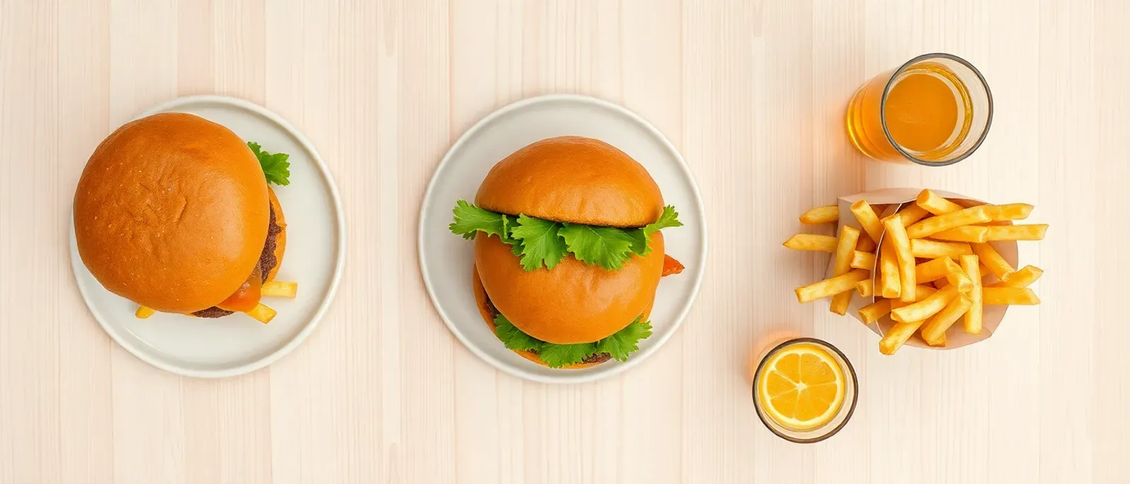 An organized overhead layout of burger components, a stack of golden fries and a cold drink laid out separately