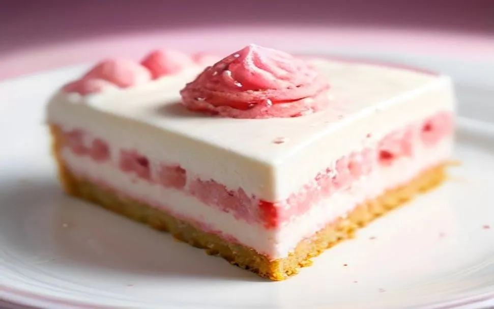 A slice of strawberry shortcake pie with pink and white cream layers, a cookie crumb base and pink sprinkles — an illustration of Patrick's Star-berry Shortcake Pie